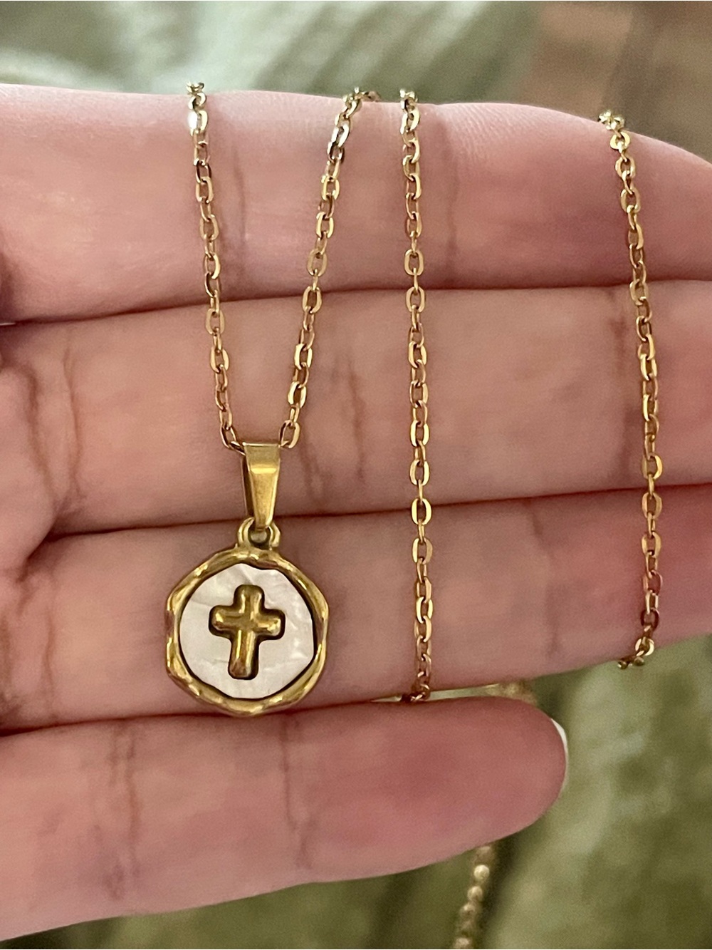 Gold Cross Pendant Necklace with Pearl Inlay